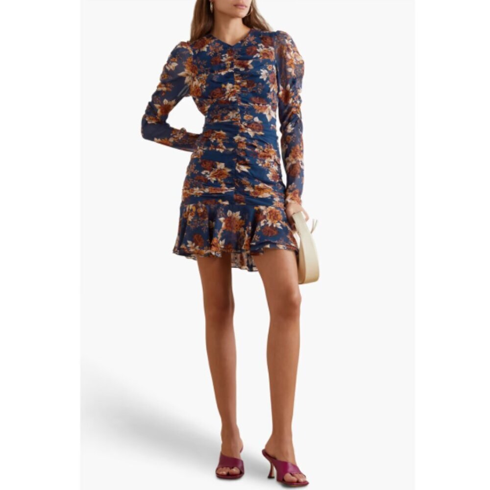 Veronica Beard 'Hedera' Floral-Print Ruched Silk Mini-Dress, Electric Blue Multi